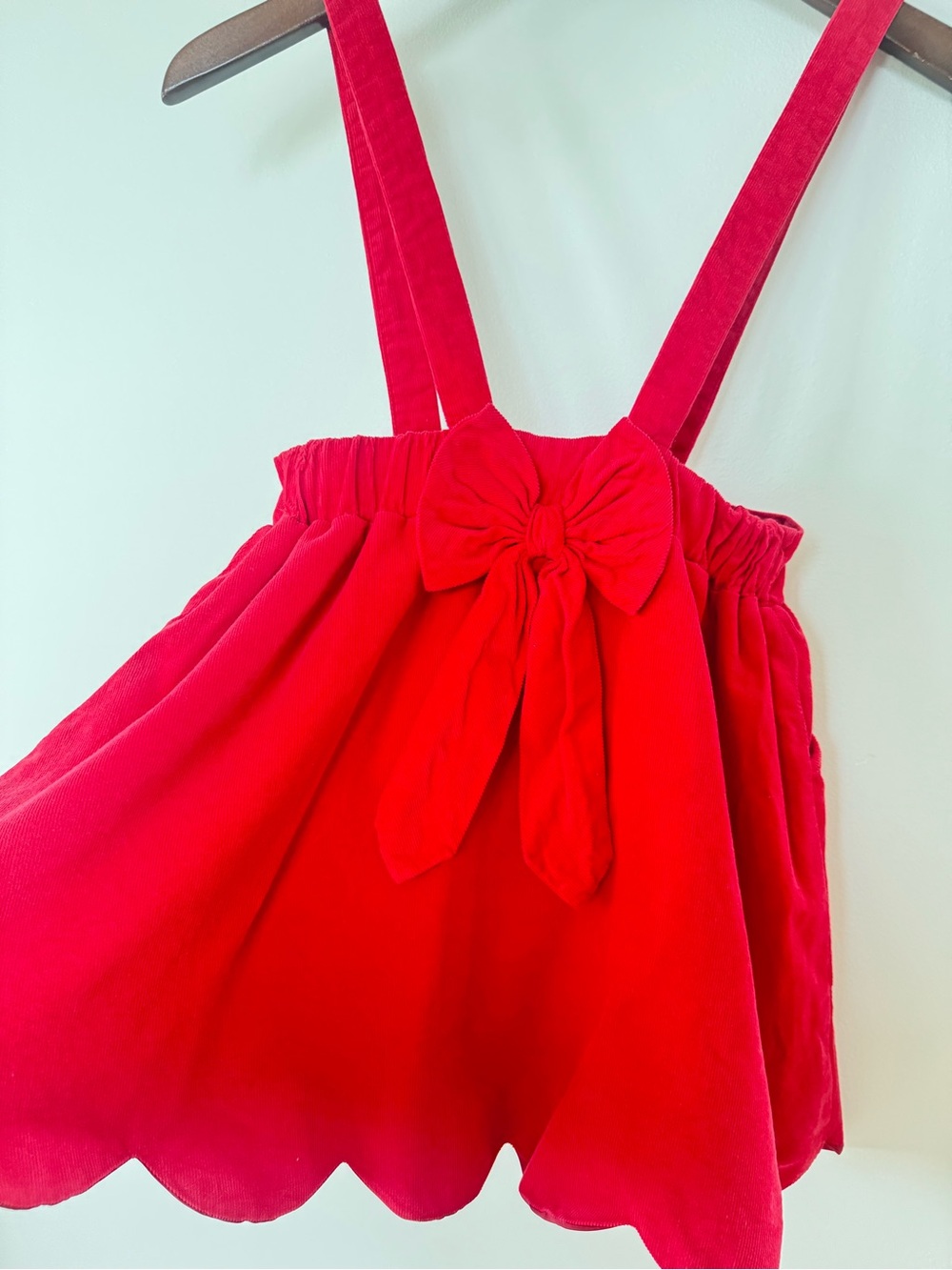 Isobella & Chloe Girls Red Corduroy Jumper Dress Scallop Hem Bow Size 6